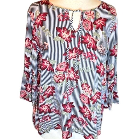 Fred & David Colorful Medium Floral Stripped 3/4 Sleeve Flowy Relaxed Festive - Picture 3 of 10